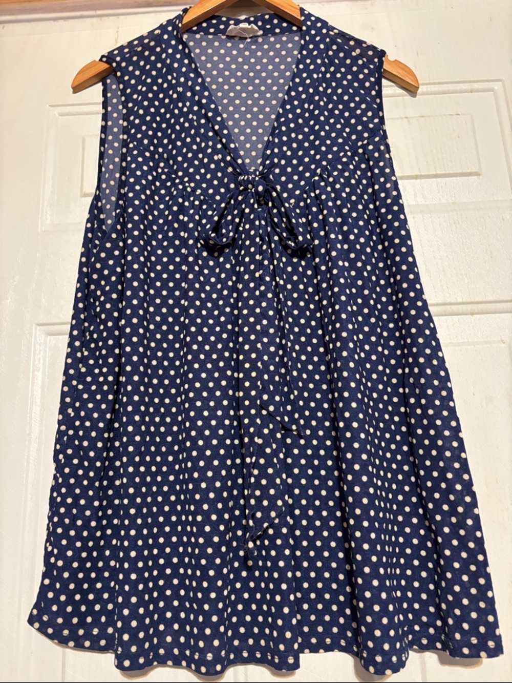 Navy Blue Polka Dot‎ Tie-Neck Sleeveless Blouse